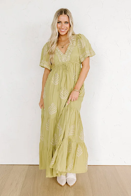 Venice Stroll Embroidered Maxi Dress in Chartreuse